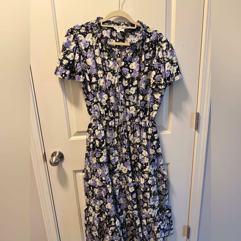 Floral Midi Dress with Lavender & White Bloom